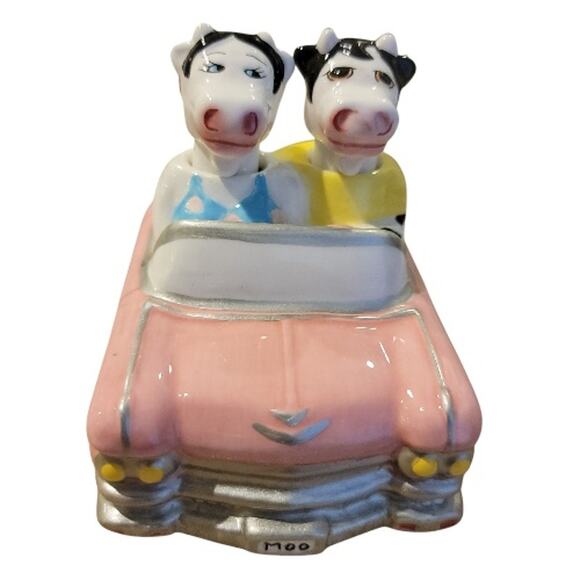 VTG Clay Art Cows in Pink Convertible Salt & Pepper Shakers Moo License Plate - Picture 3 of 12